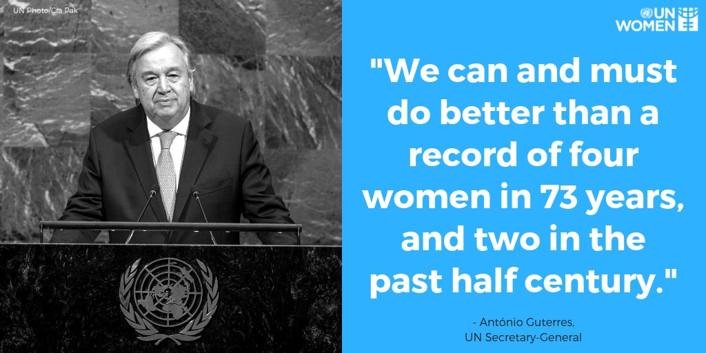 UN_Women's tweet photo. "May today’s choice pave the way for accelerating the progress towards gender equality, within &amp; beyond the @UN."

 -- Secretary-General @antonioguterres, on the election of @mfespinosaEC as the President of #UNGA for its 73rd session, the 4th woman to assume this position. https://t.co/ARvFoTvvF5