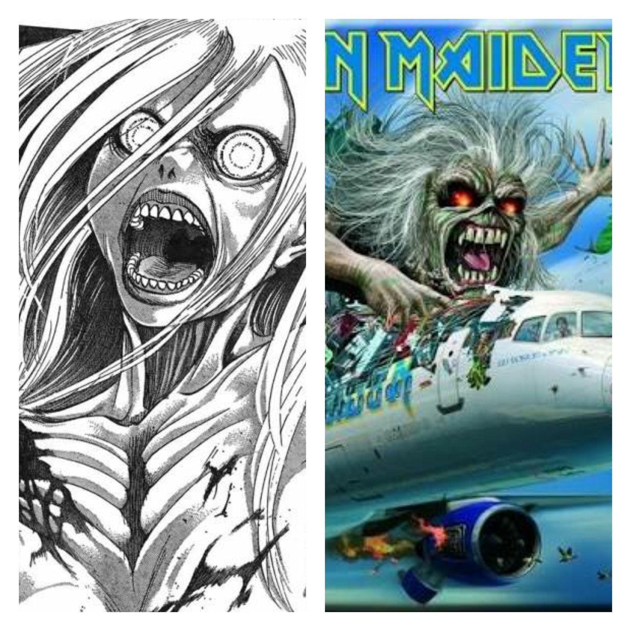 Twitter 上的 Takahiro 発見したけど似てる 左 進撃の巨人 フリーダ レイス 右 Ironmaiden Flight666 まぁでもメイデンの方はおじいちゃんが巨人化した感じ 個人的にフリーダの巨人化シーンはもう少し増やしてほしかった気がする 戦鎚は エヴァの世界観がw