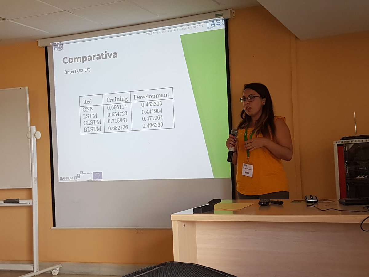 sepln's tweet photo. Rosa Montañes de @ITAINNOVA nos presenta su trabajo en #TASS2018 #SEPLN2018 https://t.co/bpJ9OQ28SO