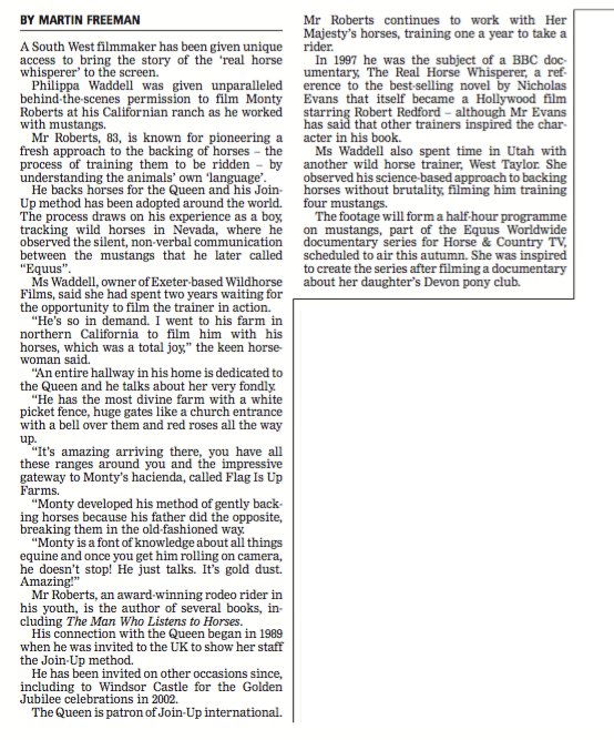WildhorseLegacy's tweet photo. Great bit of press in @WMNNews about my latest documentary #equusww #usa where I get to hang out and ride with some amazing characters @monty_roberts @outlawrides broadcast on @HorseAndCountry Tues 25 Sept 19.30 UK https://t.co/e0wefn8KDy