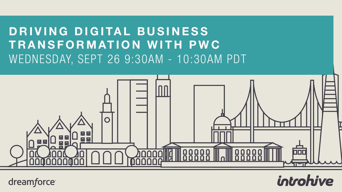 Introhive's tweet photo. You're invited to a #Dreamforce breakfast seminar on Sept. 26!
Learn from @cpcrobertson &amp; @DrapesNS on how @PwC is driving digital transformation, #bizdev and client satisfaction.  
Register now:  https://t.co/QQZxZ8M7Sq
#DF18 https://t.co/pLt601qYld