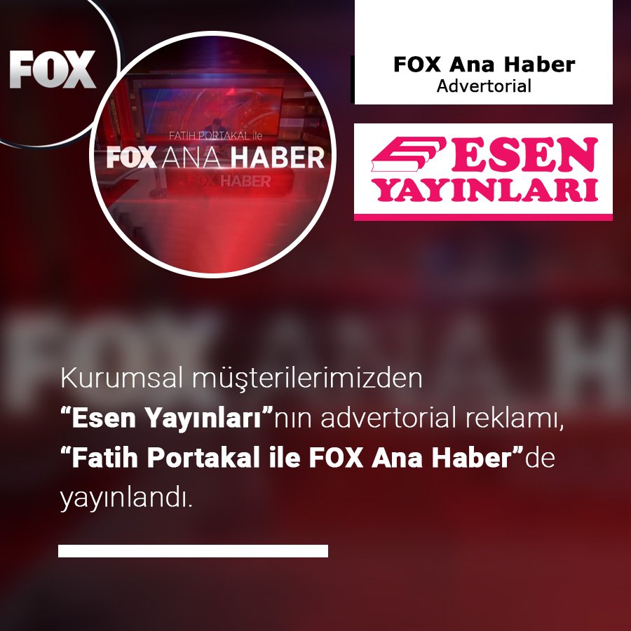 Kurumsal müşterilerimizden 'Esen Yayınları'nın advertorial reklamı, 'Fatih Portakal ile FOX Ana Haber' de yayınlandı.

youtu.be/KKV9WcQbm9M

#pandoraajans #esenyayınları #foxtv #anahaber #fatihportakal #medya #reklam