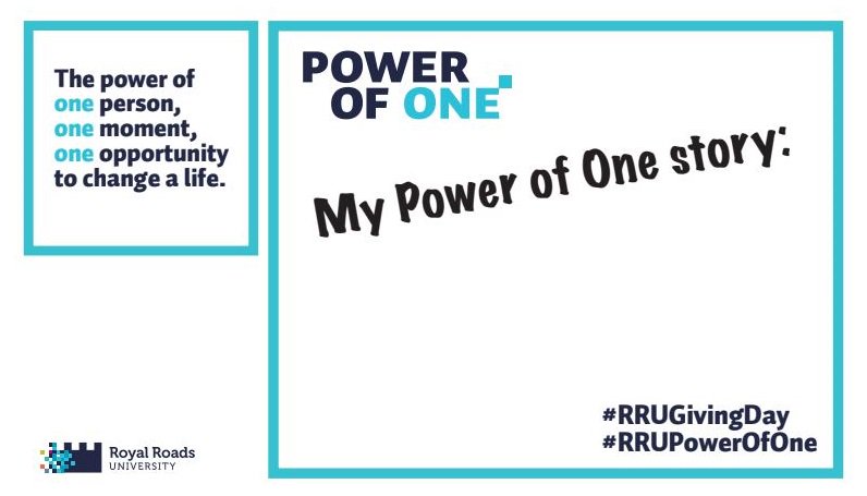 RoyalRoads's tweet photo. It’s #RRUGivingDay! SHARE your #PowerOfOne story. What’s one thing that made a life-changing difference to you? Tell us about much-needed financial support, a brilliant mentor or words of encouragement you received when you needed it most. https://t.co/56yJHkm6fG https://t.co/ReXXQfhyOQ