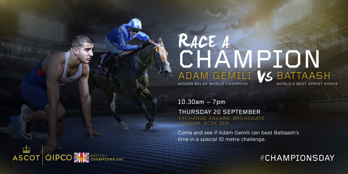 Champions_Day's tweet photo. A race like no other!

We’ve got something very exciting coming your way on Thursday at Exchange Sq. Liverpool St Station, London. @Adam_Gemili plus more top class athletes will be taking on one of the world’s best sprinters BATTAASH! Stay tuned for more. https://t.co/4Og6Qkm06e