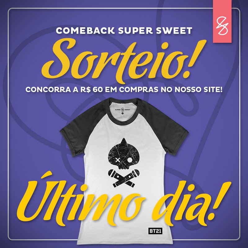 SuperSweetFTW's tweet photo. SÓ MAIS HOJE PARA PARTICIPAR! 😱

Leia o fixado para ver os detalhes e não esqueça de nos seguir, de dar RT no post do sorteio e de participar também no FB e IG para ter 3x mais chance de ganhar!

FB e IG: @SuperSweetFTW 
Site divo: https://t.co/D2HnluIf5S  

#BT21 #BTS @BTS_twt https://t.co/hKAR7wf5M9