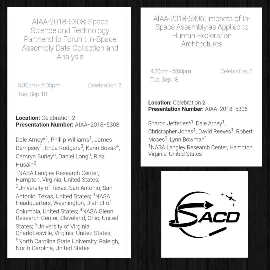 KBinCLE's tweet photo. Mark your calendar - more #AIAASpace presentations from @NASA_SACD are coming your way later today, including one by @acedarney! #InSpaceAssembly https://t.co/TF4pyoKQRI