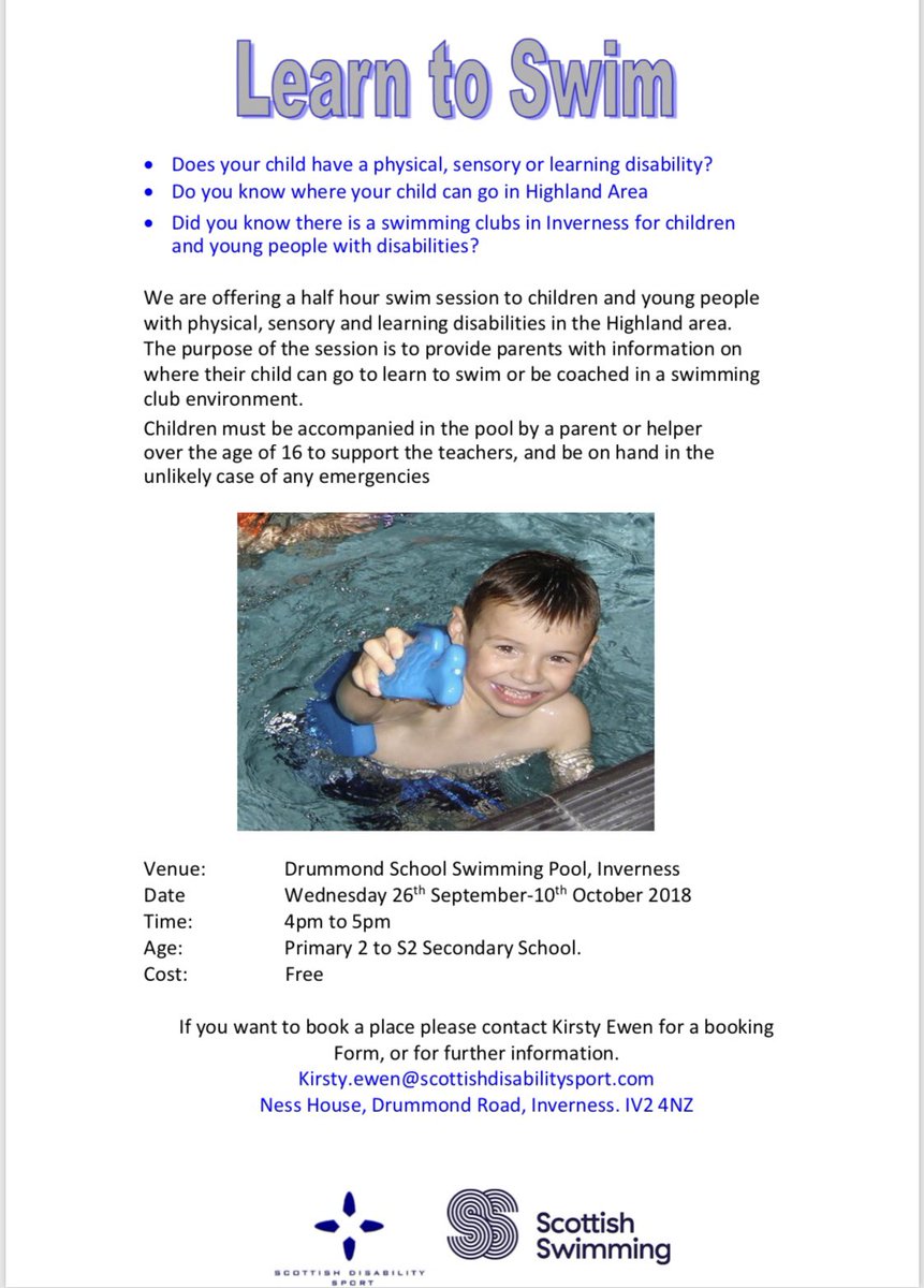 Our Learn to Swim Programme starts again Wednesday 26th September at Drummond School!

For more information or for a booking form please contact Kirsty Ewen - 

Kirsty.ewen@scottishdisabilitysport.com

🏊‍♂️ 🏊🏻‍♀️