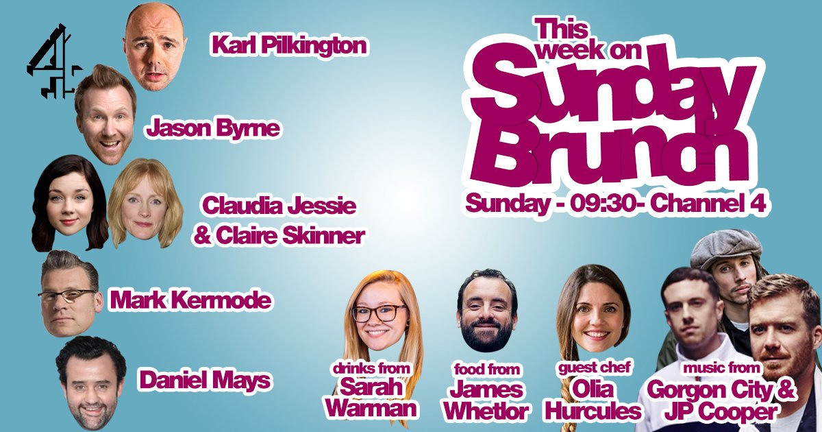 SundayBrunchC4's tweet photo. Who's excited for tomorrow's show? 📺 #KarlPilkington, @thejasonbyrne, #ClaudiaJessie, #ClaireSkinner, @KermodeMovie &amp; @DanielMays9 join us! With food from @CabritoGoatMeat, drinks from @sarahfwarman  &amp; Guest Chef @OliasGastronomy! PLUS music from @GorgonCity &amp; @JPCooperMusic 🙌 https://t.co/OptgiF3S4V