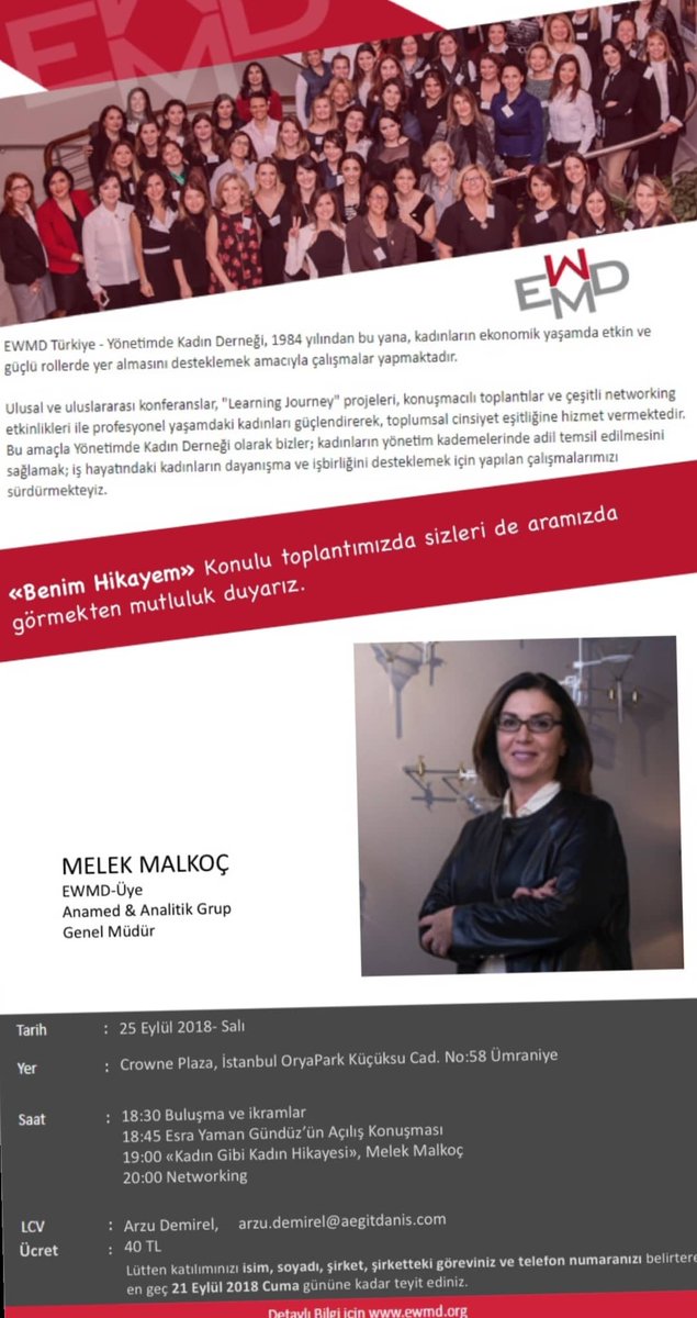 25 Eylül Salı günü Crown Plaza Büyük Ada Salonunda, değerli üyemiz 'Melek Malkoç' ile EWMD "Benim Hikayem" konuşmasında bir araya geleceğiz. Sizleri de aramızda görmekten mutluluk duyarız.
LCV: arzu.demirel@aegitdanis.com