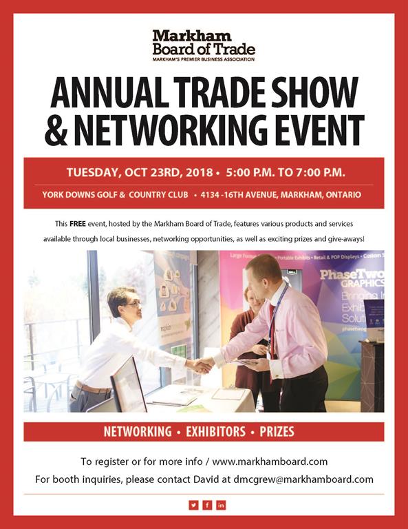 MarkhamBoard's tweet photo. The MBT Annual Tradeshow and Networking Event is quickly approaching. If you are interested in exhibiting with a trade show booth be sure to contact David at dmcgrew@markhamboard.com before October 5th! #MBTTradeshow #Markham #MarkhamNetworking
https://t.co/dhcAzae9dA https://t.co/cecxmKkhQH
