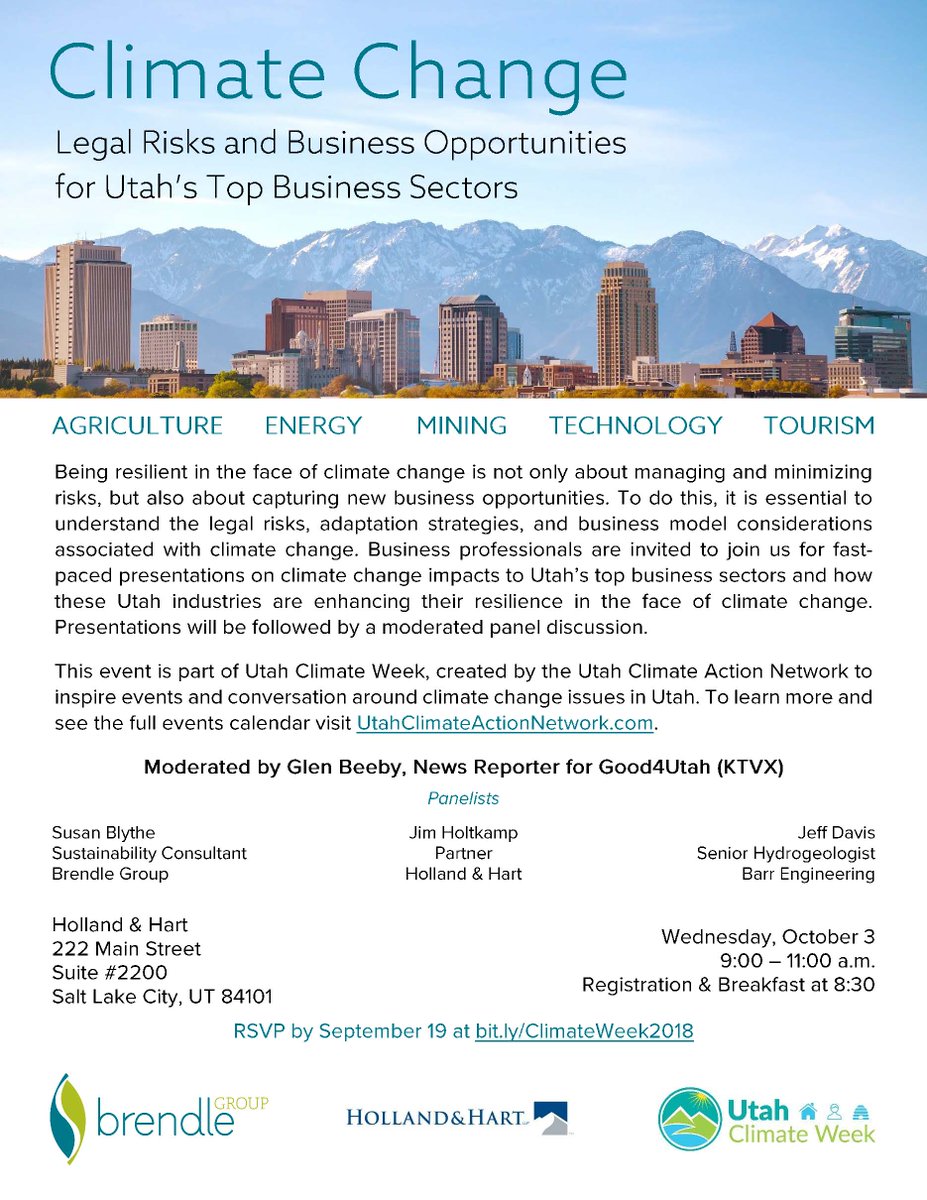BrendleGroup's tweet photo. How will your #Utah business overcome the legal risks and capitalize on the business opportunities presented by #ClimateChange? Find out at our panel discussion October 3! RSVP at https://t.co/sMScHzemzH. @utclimateaction @UtahCleanEnergy @UUtah https://t.co/H4uMcq4Hyr