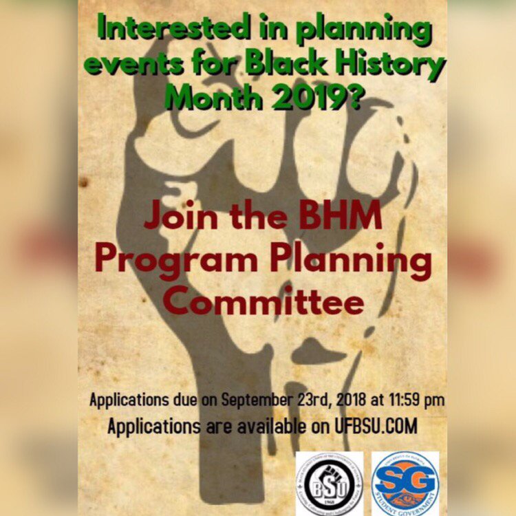UFBHM's tweet photo. Do you have creative ideas on ways to celebrate BHM? If so, we want you to join the BHM program planning committee and put those ideas in action! Applications are now available on https://t.co/3NL0MC1cr5 #UF19 #UF20 #UF21 #UF22 https://t.co/tJg9nZXiYj