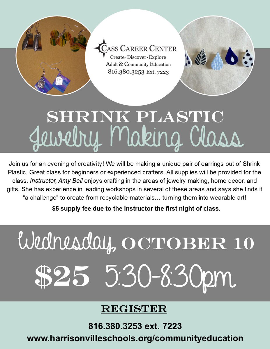 CCCCommunityEd's tweet image. Join Amy Bell as she teaches her class to design and make earrings from shrink plastic on October 10, 2018!  To enroll, call us at 816-380-3253 Ext. 7223 or enroll online at harrisonvilleschools.org/communityeduca….