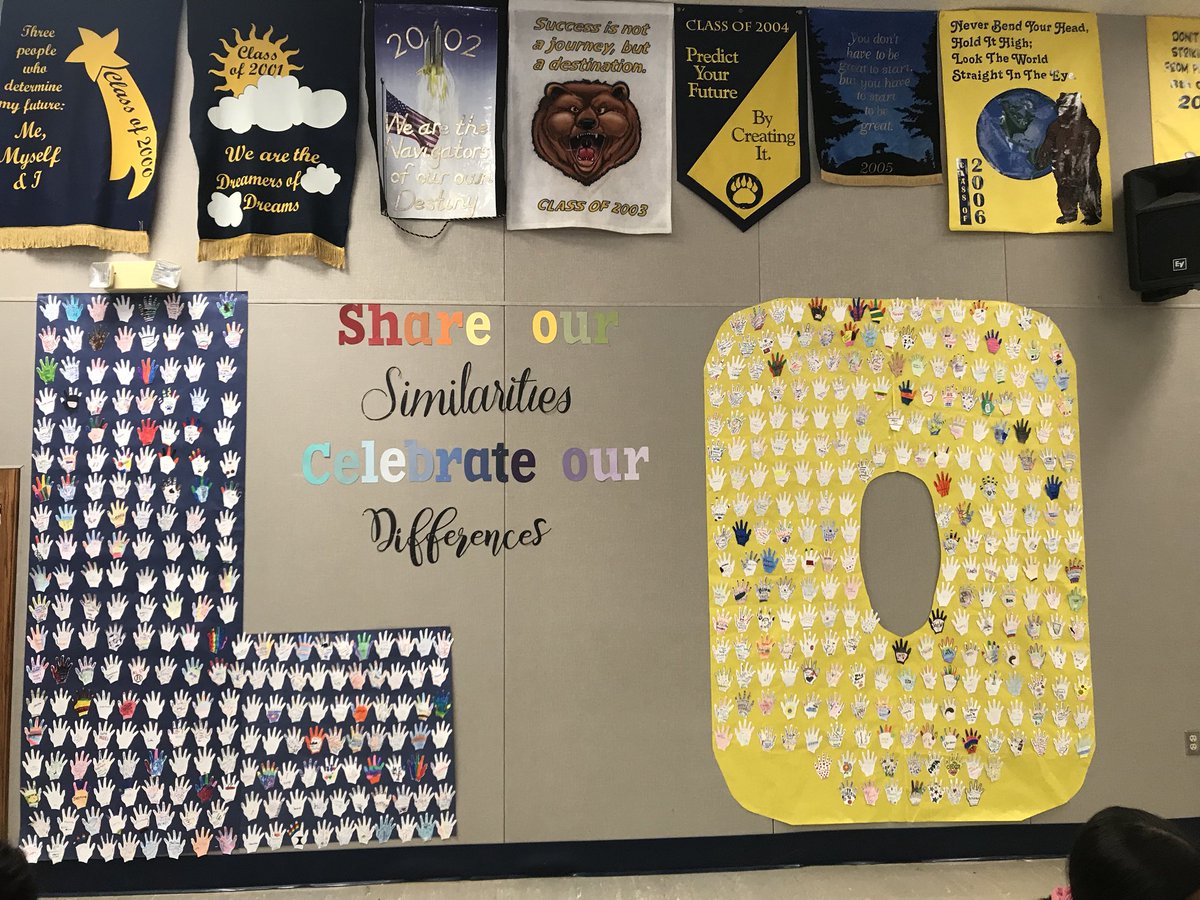 MichelleMcPhet's tweet photo. School wide art project: Sharing our similarities and celebrating our differences! Every student given a hand to decorate and describe themselves. Hands then made into this amazing display in the cafeteria. #liveoakgrizzlies #tcsdshare https://t.co/IOBTuSFw8I