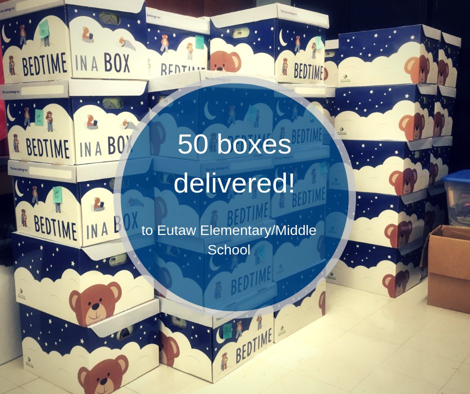 Bedtime in a Box (@bedtimeinabox) on Twitter photo We delivered 50 pre-K boxes to Eutaw-Marshburn last week. These 50 boxes will go home with families to help them establish a bedtime routine and promote literacy in the home!
Interested in boxes for children in your organization? Reach out to us at hello@bedtimeinabox.org We delivered 50 pre-K boxes to Eutaw-Marshburn last week. These 50 boxes will go home with families to help them establish a bedtime routine and promote literacy in the home!
Interested in boxes for children in your organization? Reach out to us at hello@bedtimeinabox.org