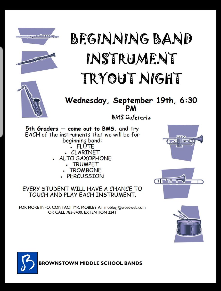 MissEstrada19's tweet photo. Instrument try out night is tomorrow at BMS for Woodhaven 5th graders! #whyWBSD #5thgradeband #ErvingSkyhawks #WarriorStrong https://t.co/Wl8ymNMx8Y