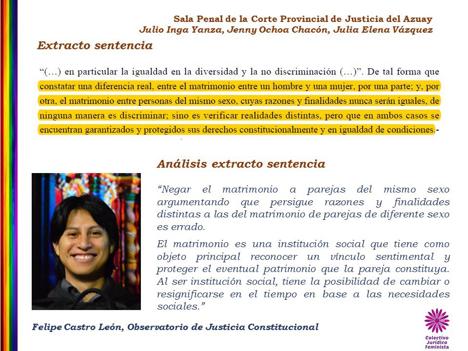 #MatrimonioIgualitarioYa #EsDerechoNoPrivilegio 📖 Análisis de un extracto de la sentencia de la Sala Penal de la Corte Provincial de Justicia del Azuay @CJudicaturaEc @CorteConstEcu 👨🏻‍🏫 Felipe Castro León @fcastroleon del @OJCEcuador @uasbecuador @DerechoPUCE @CDHPUCE