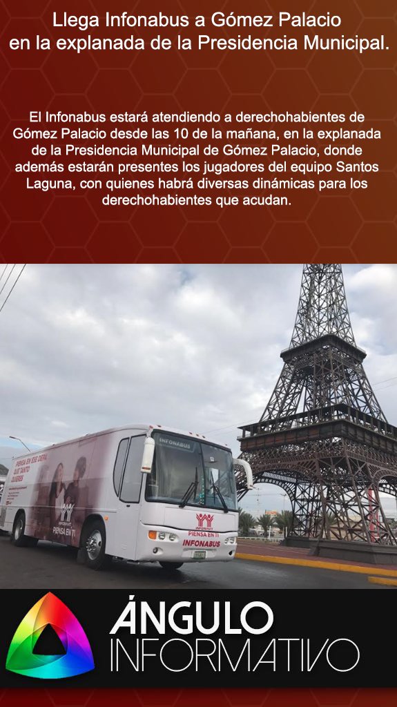 AnguloInforma's tweet photo. #ÁnguloDuranguense | #Durango | Llega #Infonabus a #GómezPalacio este martes en la Explanada de la Presidencia Municipal | 
@erick_hdznieto @Fernandasainzc @Infonavit https://t.co/vyDgVhEQe3