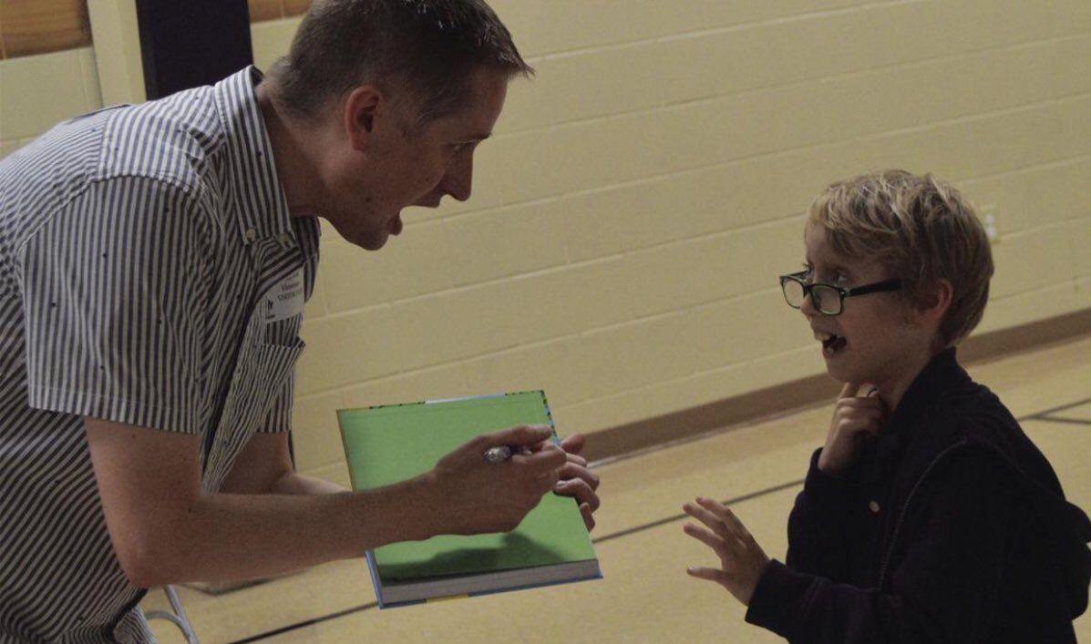 I love this photo from a school visit last week. He was so excited about the copy of Dog Man: Lord of the Fleas I gave him. He hugged it for at least 15 minutes.  📚❤️(Photo Credit: David Gray)