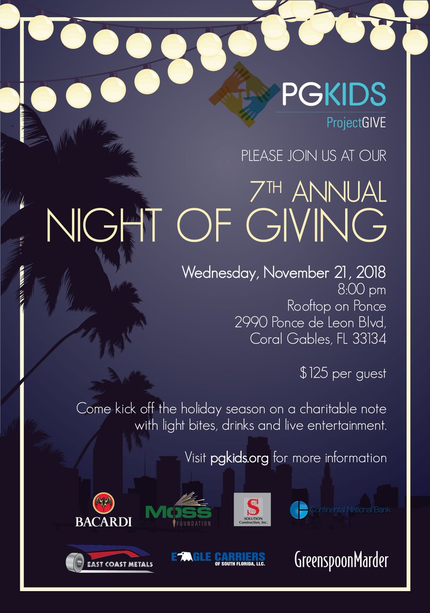 ProjectGIVEKids's tweet image. Our 7th annual #fundraiser, #NightOfGiving is coming up! Our event will be held at The Rooftop on Ponce in Coral Gables on November 21, 2018! Get your tickets here ow.ly/rAGp50iWQoc #PGKids #nonprofit #coralgables #miami #southflorida #giveback #silentauction #kindness