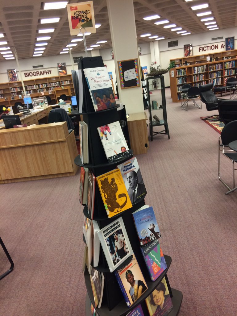 URHSLibrary's tweet image. Celebrate #HispanicHeritageMonth with a book from our newest display! 📚 #SJHSRaiders #RaiderLibrary