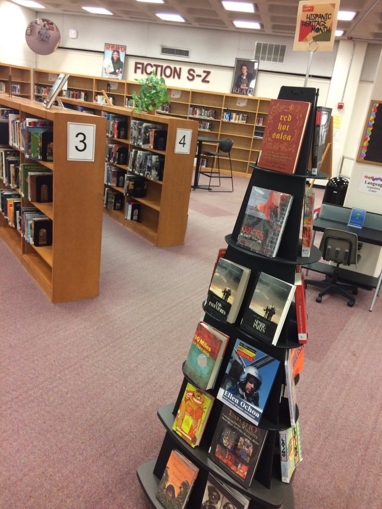 URHSLibrary's tweet image. Celebrate #HispanicHeritageMonth with a book from our newest display! 📚 #SJHSRaiders #RaiderLibrary