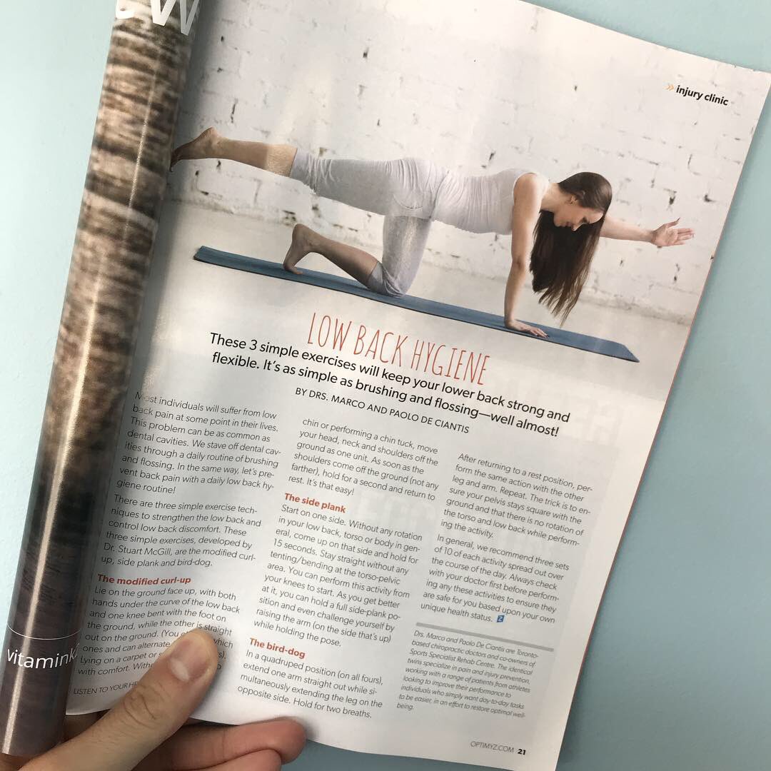 SportRehabPaolo's tweet photo. Check out the new article by Drs. Marco and Paolo in the new issue of OptiMYz Magazine, “Low Back Hygiene”! #optimyz #optimyzmag #lowback #lowbackpain #lowbackpainrelief #chiropractor #chiropractic #twins #toronto #exercise #rehab #injuryprevention https://t.co/Fivx5ytZpC