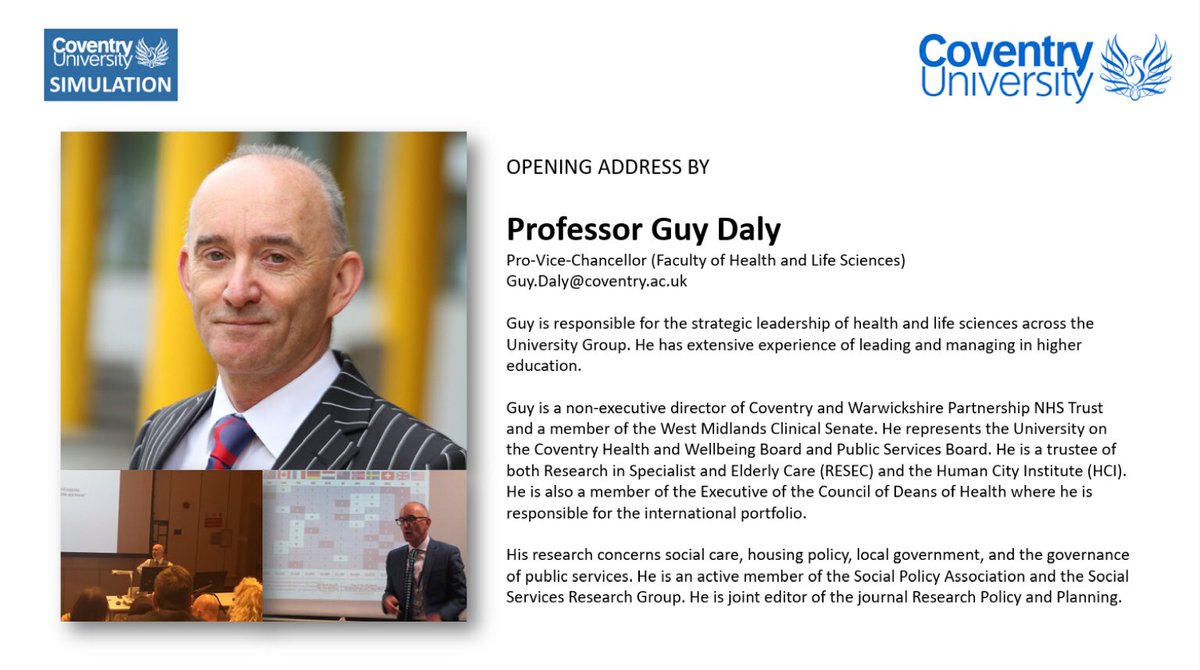 CovUniSim's tweet photo. Tomorrow’s 10am opening address is by Prof Daly, #CovSimConf. Come early to AGB1.03 to ensure a good seat (or drop by @CAEHealthcare’s workshops across the corridor whilst you’re waiting). https://t.co/BuQKv6vIAT