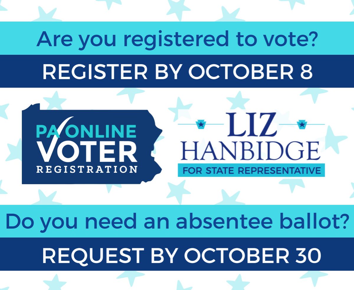 LizforPA's tweet photo. This election is too important. Don't miss your chance to make your voice heard! #PAVotes #LizforPA
Register to vote by October 8th! https://t.co/Khy3eTtsjo
Request your absentee ballot by October 30! https://t.co/Infmhdr46v https://t.co/ad4PiW91rS
