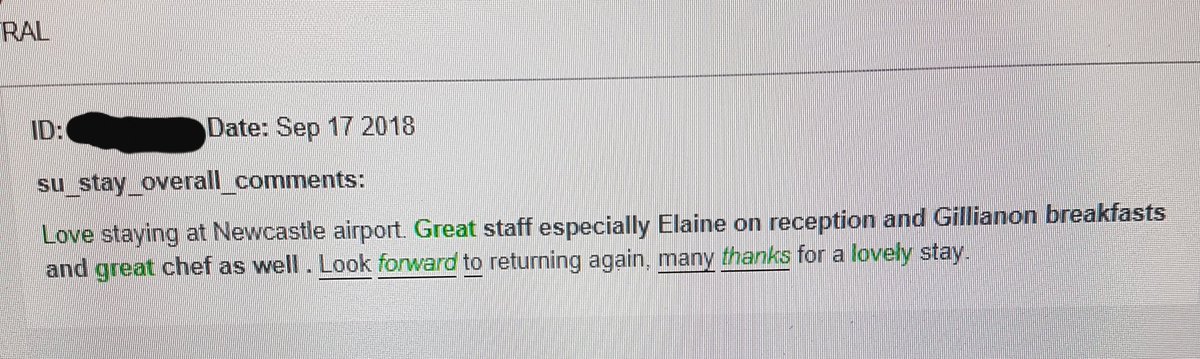Lovely comments off a guest and even a name mention for our receptionist Elaine and breakfast waitress Gillian, well done girls 👍 #premierinn #newcastleairport