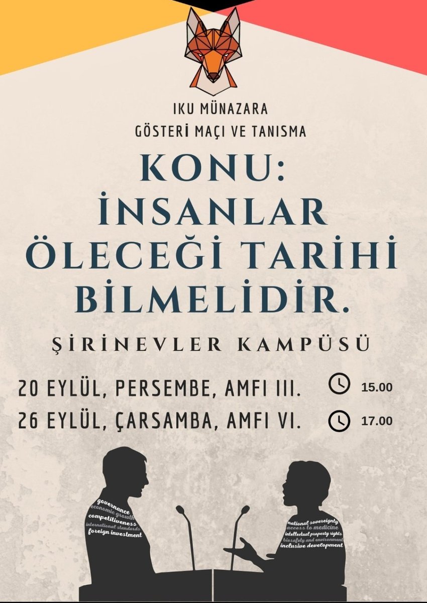 Dersi, arkadaşı, sevgiliyi ekin. Bizimle buluşun! 
İKÜ Münazara sezonu gösteri maçıyla açıyor! Gösteri maçı, tanışma ve kesin kayıt için 20 Eylül Perşembe 15.00'da, 26 Eylül Çarşamba 17.00'da sizi bekliyoruz.