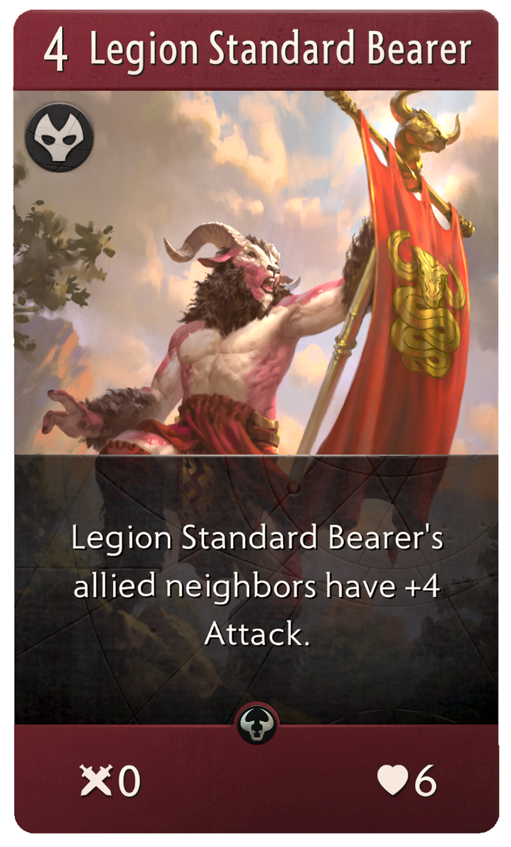 Artificer_Guild's tweet photo. Here is our glorious banner-wielding Satyr! The Legion Standard Bearer in @playartifact is a 0 attack, 6 health Red Creep costing you 4 mana. The neighboring units either side of the Bearer have +4 attack, making your courageous charge into battle, all the more scary! https://t.co/htuTE04AD1