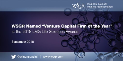 wilsonsonsini's tweet photo. #WSGR is proud to have been named the #VentureCapital Firm of the Year at the 2018 @LMGLifeScience Awards last week. The annual awards program honors the top firms &amp; legal professionals in the #lifesciences market. More info: https://t.co/K4mPEYfOwj https://t.co/zu6cYozbPB