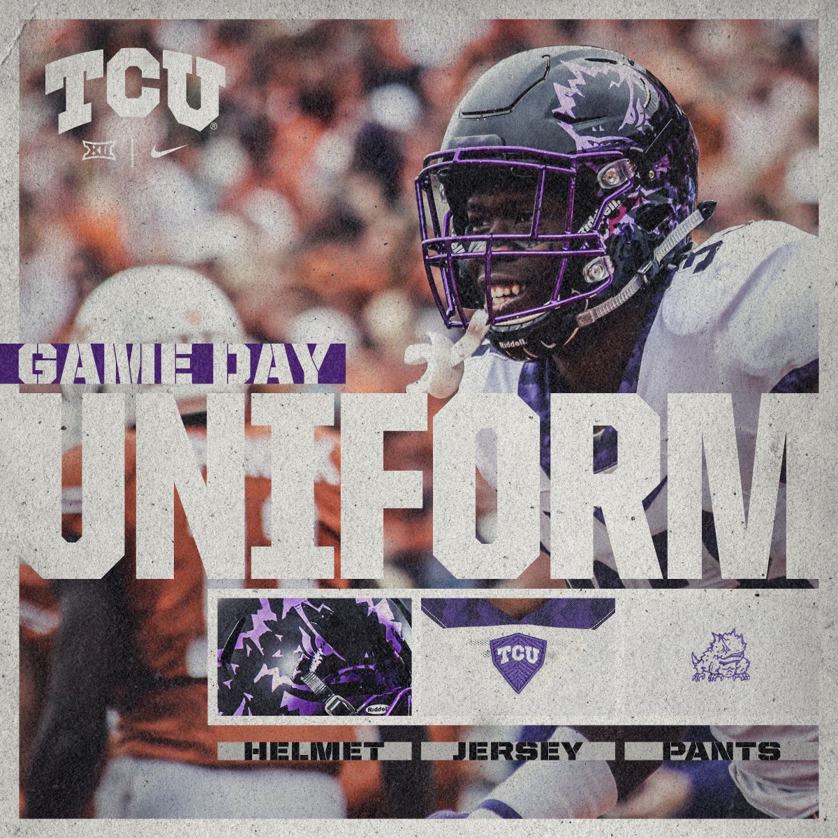 TCUFootball's tweet photo. New look for the #BeatUT trip: ⚫️⚪️⚪️. #FrogSwag https://t.co/nVOGwKmYNt