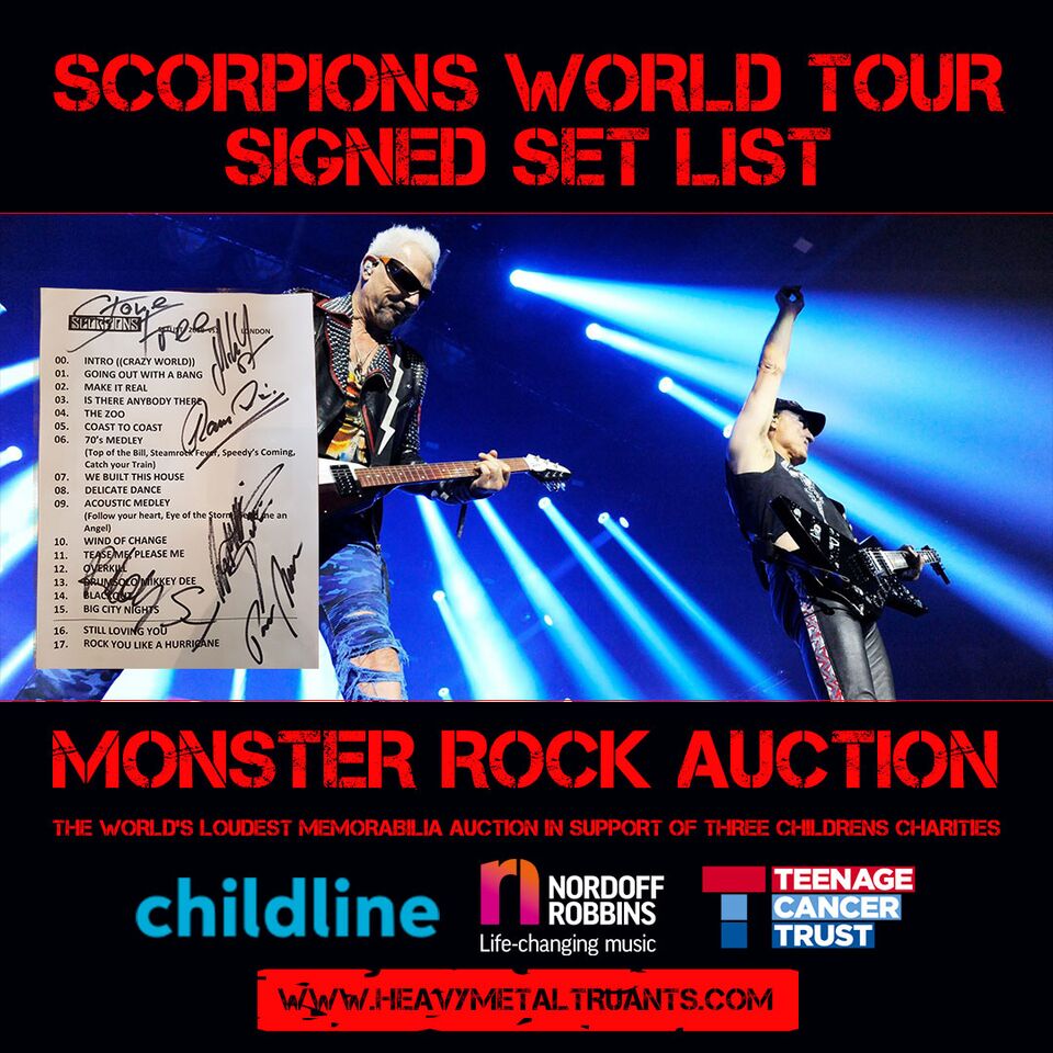 Help make a difference in the lives of children. Bid on special Scorpions memorabilia in the @HMTruants Rock Auction 🦂🤘 #HMTAuction

Scorpions Signed Guitar: hyperurl.co/gb1mvk
Scorpions Signed Set List: hyperurl.co/px7for
