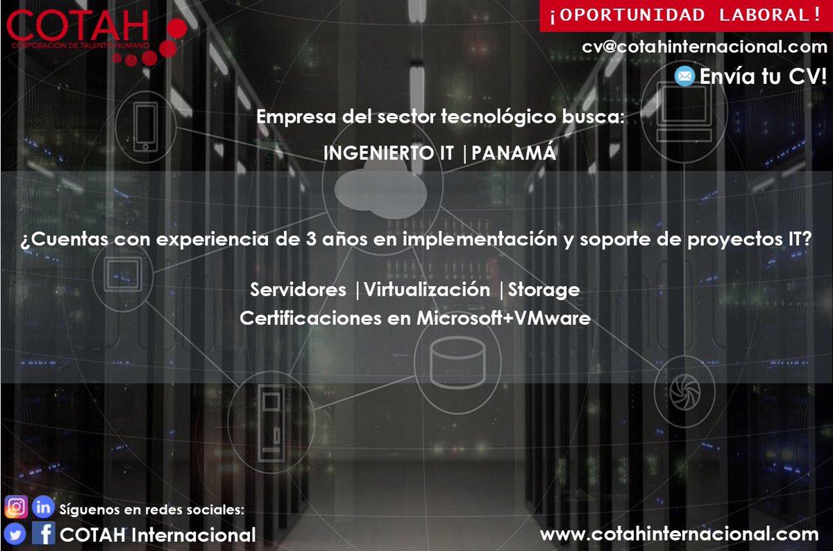 cotah_int's tweet photo. Oportunidad laboral en empresa sector tecnológico: Ingeniero IT

Si cuentas con el perfil solicitado, o conoces una persona que nos quieras referir, puedes enviar la hoja de vida: cv@cotahinternacional.com https://t.co/17HM8phJeP