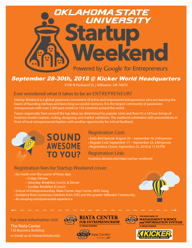 Have an idea for a startup? Register for Startup Weekend through the <a href="/RiataCenter/">Riata Center @ Oklahoma State University</a> and spend 3 days crafting the perfect business model! Register here: business.okstate.edu/riata/startup-…