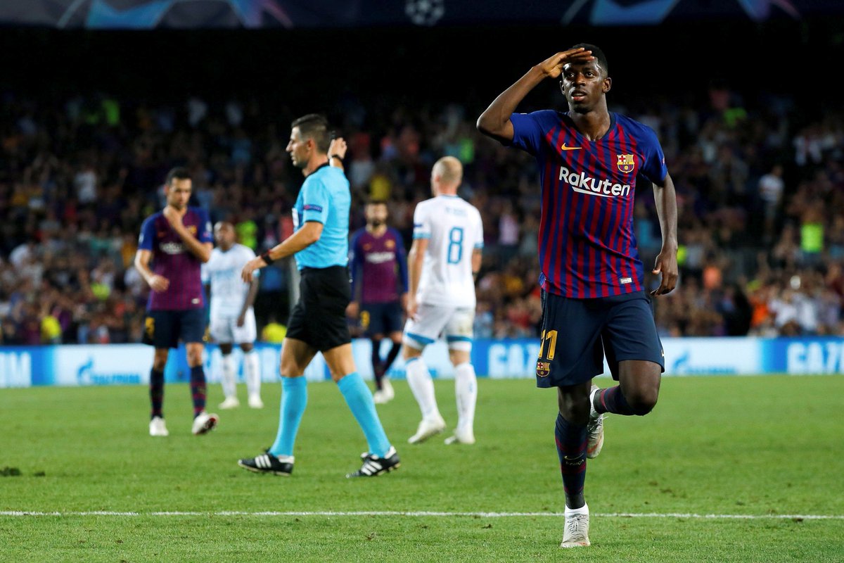 Dembélé, celebrando su tanto ante el PSV.