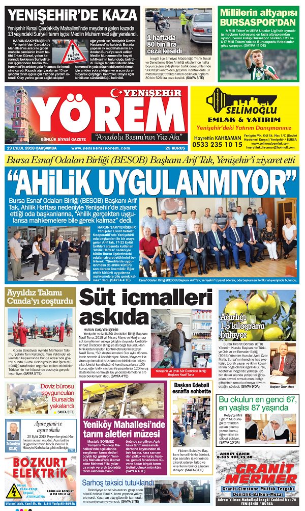 19 Eylül 2018 Çarşamba. Yenişehir Yörem Gazetesi 1. Sayfası. Gazetemizin 12 Sayfasının tamamını yüksek çözünürlüklü okumak için yenisehiryorem.com adresine girip, "Gazetemizi Okudunuz mu? Hemen Tıklayın" bölümüne girebilirsiniz