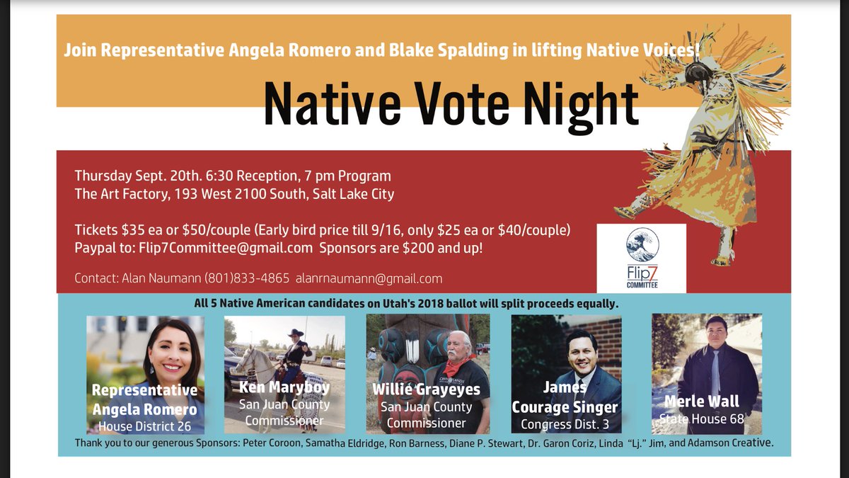 DCSamantha's tweet image. So exited to be part of the initiative to increase Native representation in Utah! Join us on Sep 20 @ 6:30PM to support Utah’s 5 Native candidates: @RepAngelaRomero, Kenneth Maryboy, Willie Grayeyes, @UrbanNavajo &amp;amp; Merle Wall! m.facebook.com/events/2182223… #NativeVote18 #SanJuan #UTPol