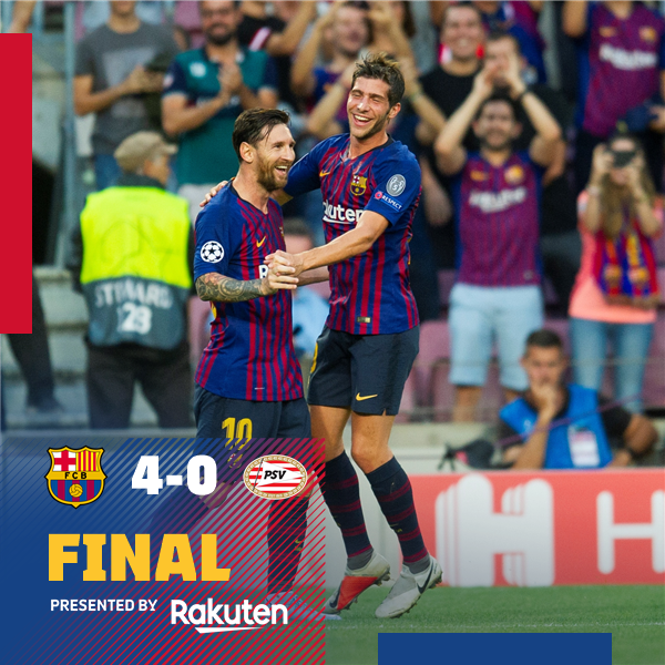 FCBarcelona_es's tweet photo. ⏰ ¡Final del partido! 
⚽ FC Barcelona 4-0 PSV
👟 Leo #Messi x3 &amp; @Dembouz
🔵🔴 #ForçaBarça #BarçaPSV https://t.co/UAPlt4hDdk