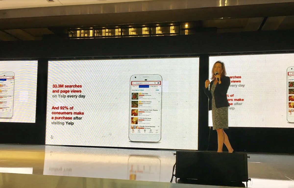 gsterling's tweet photo. 35 MM mobile devices will ship this year with the @Yelp app pre-installed/embedded. #BrandifySummit18 https://t.co/O4cMC4WGht