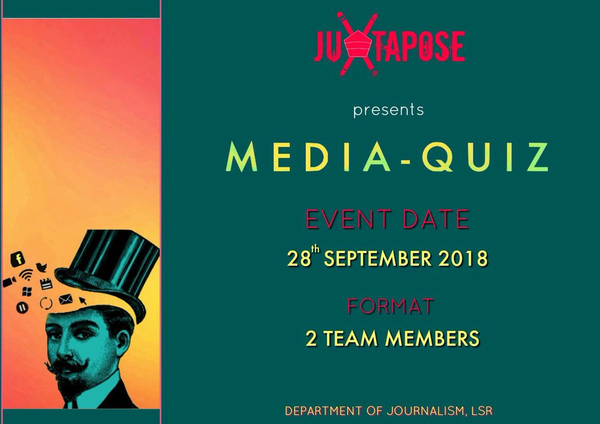 JuxtaposeLSR's tweet photo. For all you Media Enthusiasts out there!
How much do YOU know about the Media Industry? 
Register at- https://t.co/t7e85oDoe1

LAST DATE TO REGISTER- 20th SEPTEMBER! https://t.co/BVk2K9hV99