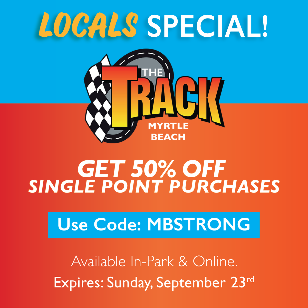 FunAtTheTrack's tweet photo. 🚨 Calling all Myrtle Beach locals!
Enjoy this special offer just for you from The Track!
#WeLoveOurCommunity🧡 
Come have some serious fun this week! 🏁

https://t.co/51g6pgCWMb https://t.co/6hw53KL8tr