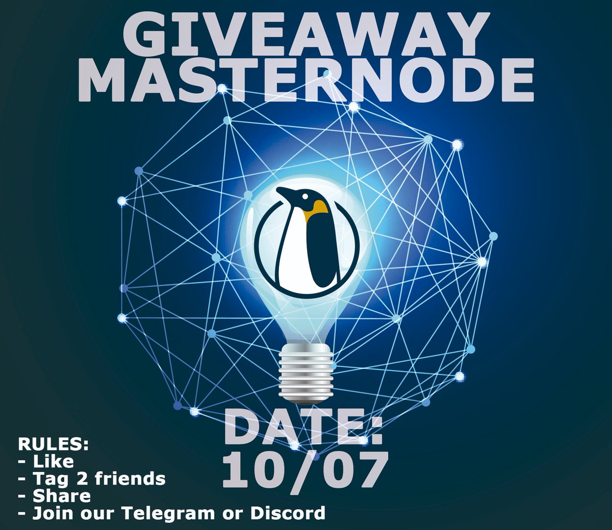 Masternode Giveaway 10/07/18
RULES for participation
Like
Tag 2 freinds
Share this Tweet
Follow along on our Discord or Telegram 
t.me/Penguin_Coin_E…
discord.gg/nEkBQt5
#PENG $PENG
$BTC $ETH $LTC $DOGE $USDT
 #BTC #ETH #LTC #USDT #DOGE #Cryptopia #Bleutrade #Coinexchange