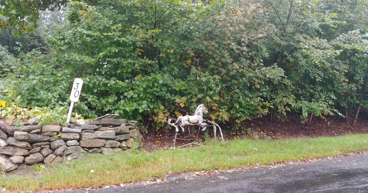 hellohahanarf's tweet photo. I love this adorable country road near my house, on the way to work. An old rocking horse has been there for months (or longer!) and the two hats on the fence have also been there for at least several months. There is also an old church with cemetery!
#smalltownCT https://t.co/1jjeHvE3pN