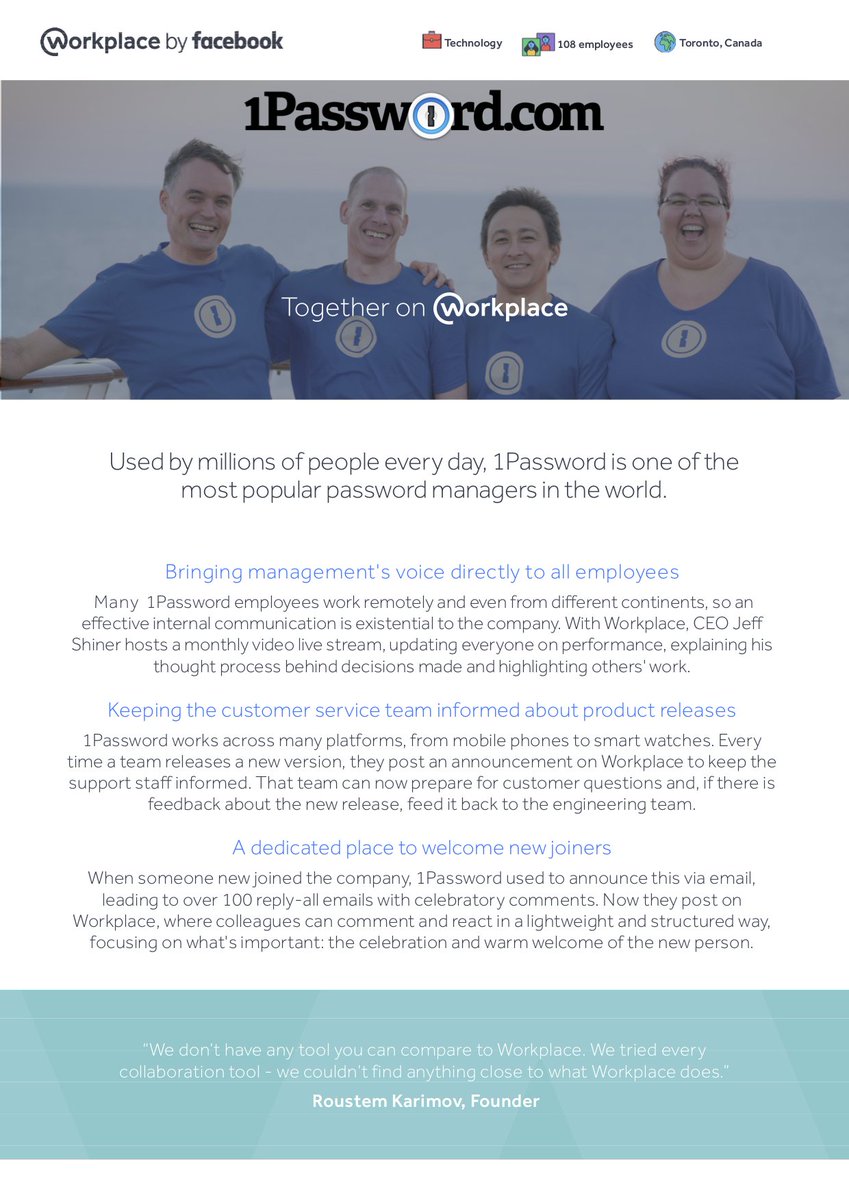 We are using Workplace for almost two years now it was fun to work with @WorkplacebyFB team on the 1Password case study 😎