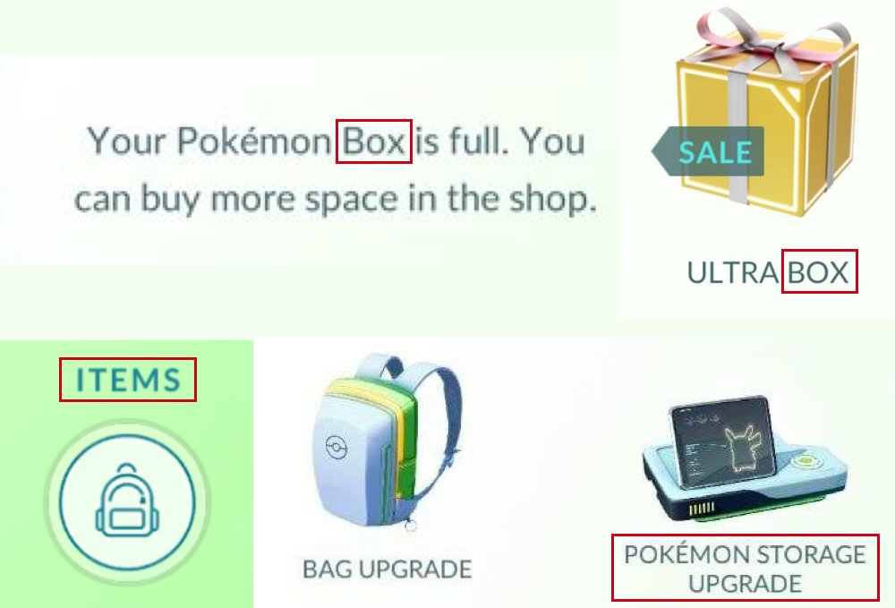 Slaysha's tweet image. C'mon @PokemonGoApp. Novice players could easily buy an expensive ultra box because their "pokemon box" is full or mistake a bag and box upgrade because the words are so similar and not consistently used. Where is my bag? Under "items"? #ux #uxdesign #HCI #PokemonGO
