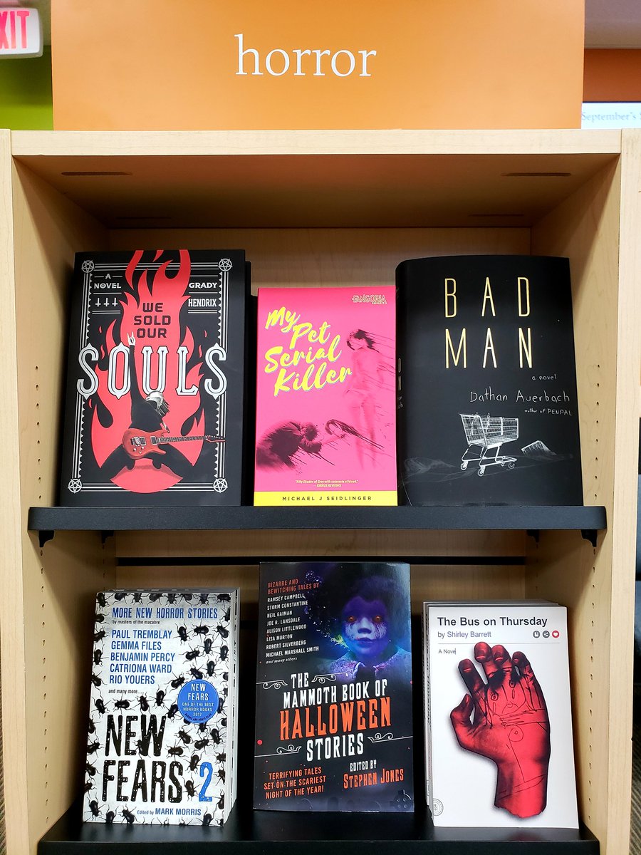 What's your pleasure? New #horror at my lovely <a href="/MystGalaxyBooks/">Mysterious Galaxy</a>. WE SOLD OUR SOULS <a href="/grady_hendrix/">Grady Hendrix</a> BAD MAN <a href="/1000Vultures/">Dathan Auerbach</a>  MY PET SERIAL KILLER @mjseidlinger <a href="/FANGORIA/">FANGORIA</a>, New Fears 2 <a href="/MarkMorris10/">Mark Morris</a> <a href="/paulGtremblay/">Paul Tremblay</a> &amp; more!
