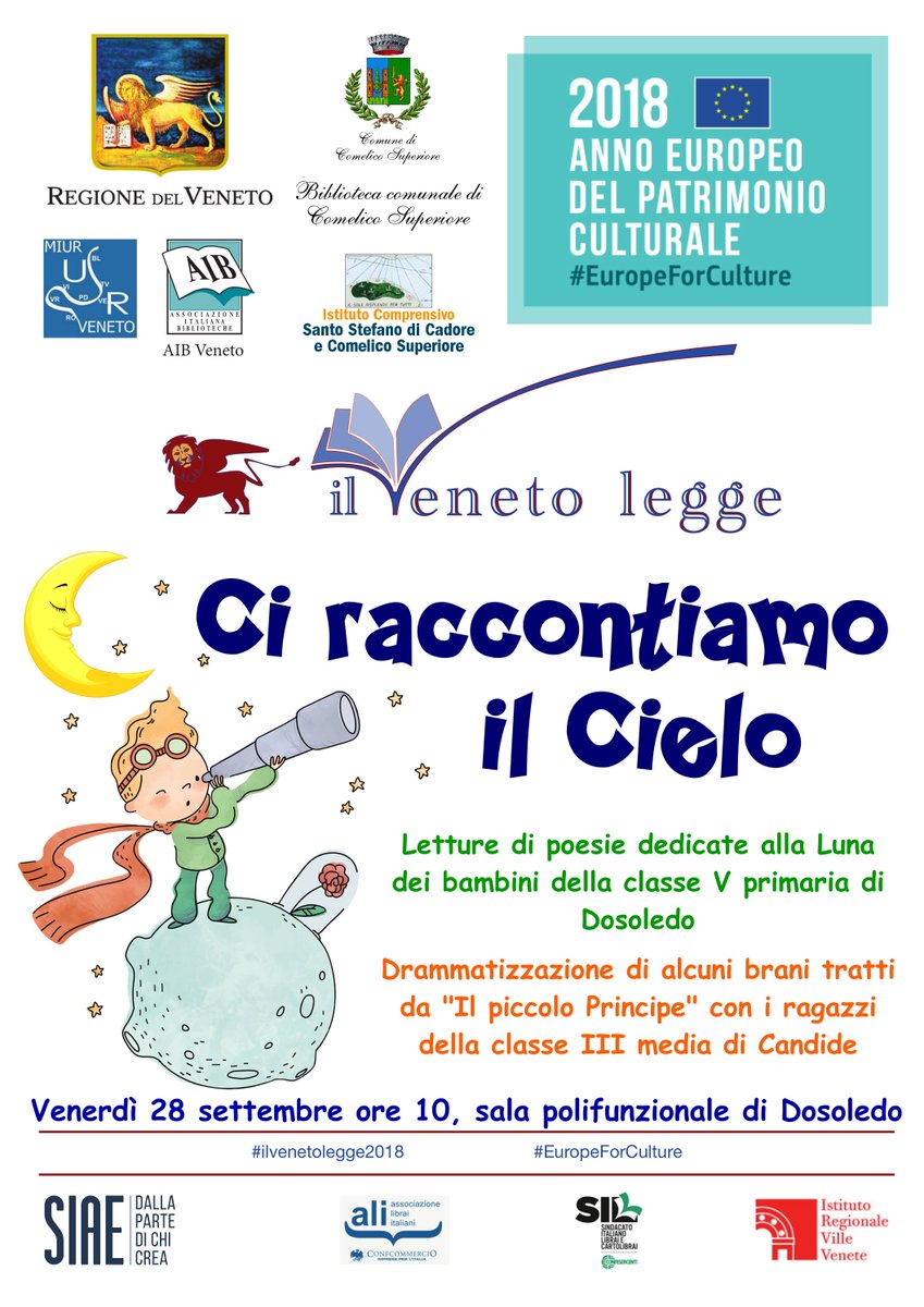 ComelicoSup's tweet photo. #Scuola #ilvenetolegge2018 Venerdì 28/09 ore 10 #Dosoledo "Ci raccontiamo il cielo" #MarataonaDiLettura con i bambini di 5^primaria e 3^media @ComelicoSup. #Letture #poesie sulla Luna e drammatizzazione brani da Il Piccolo Principe. @IlVenetoLegge @RegioneVeneto #EuropeForCulture https://t.co/G0Z7TaeX1A